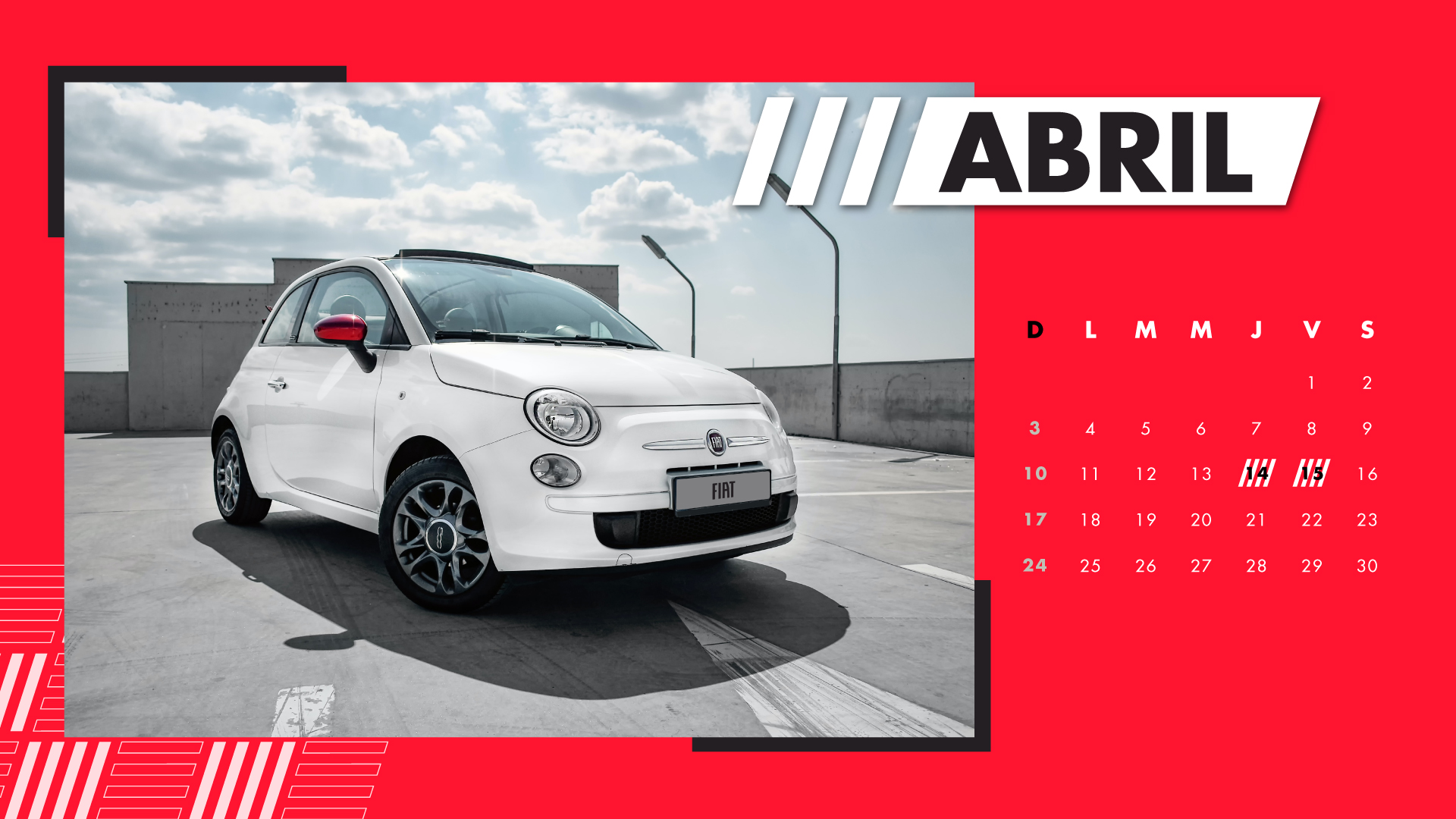 Fiat 500 color blanco, calendario Abril 2022