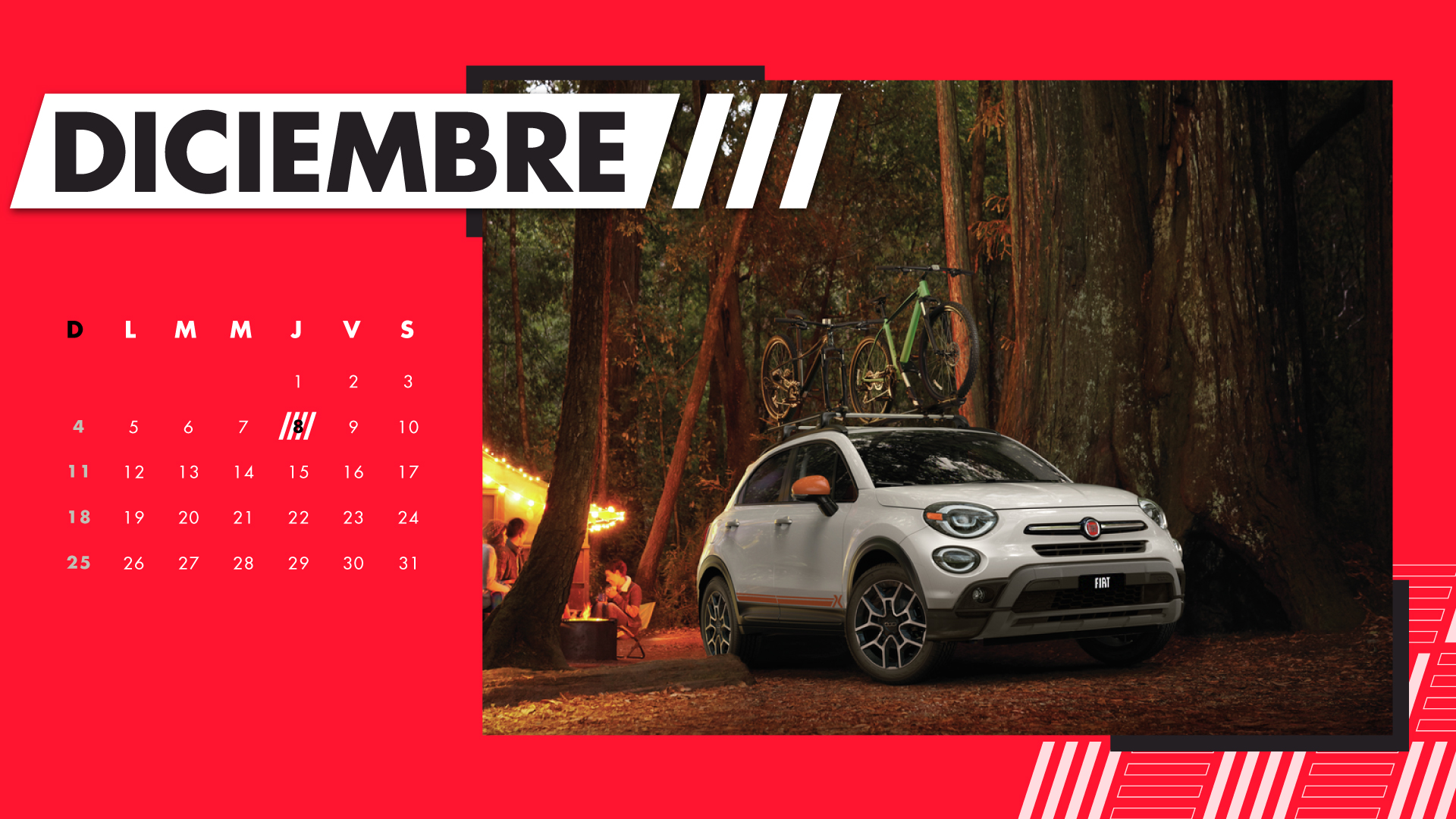 Carro Fiat color blanco en el bosque, calendario Diciembre 2022