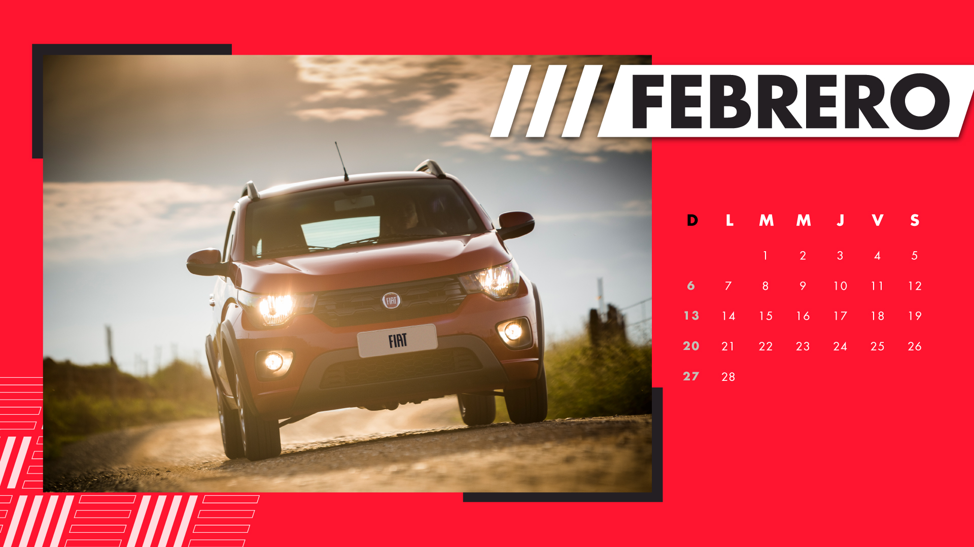 Carro Fiat color rojo, calendario Febrero 2022