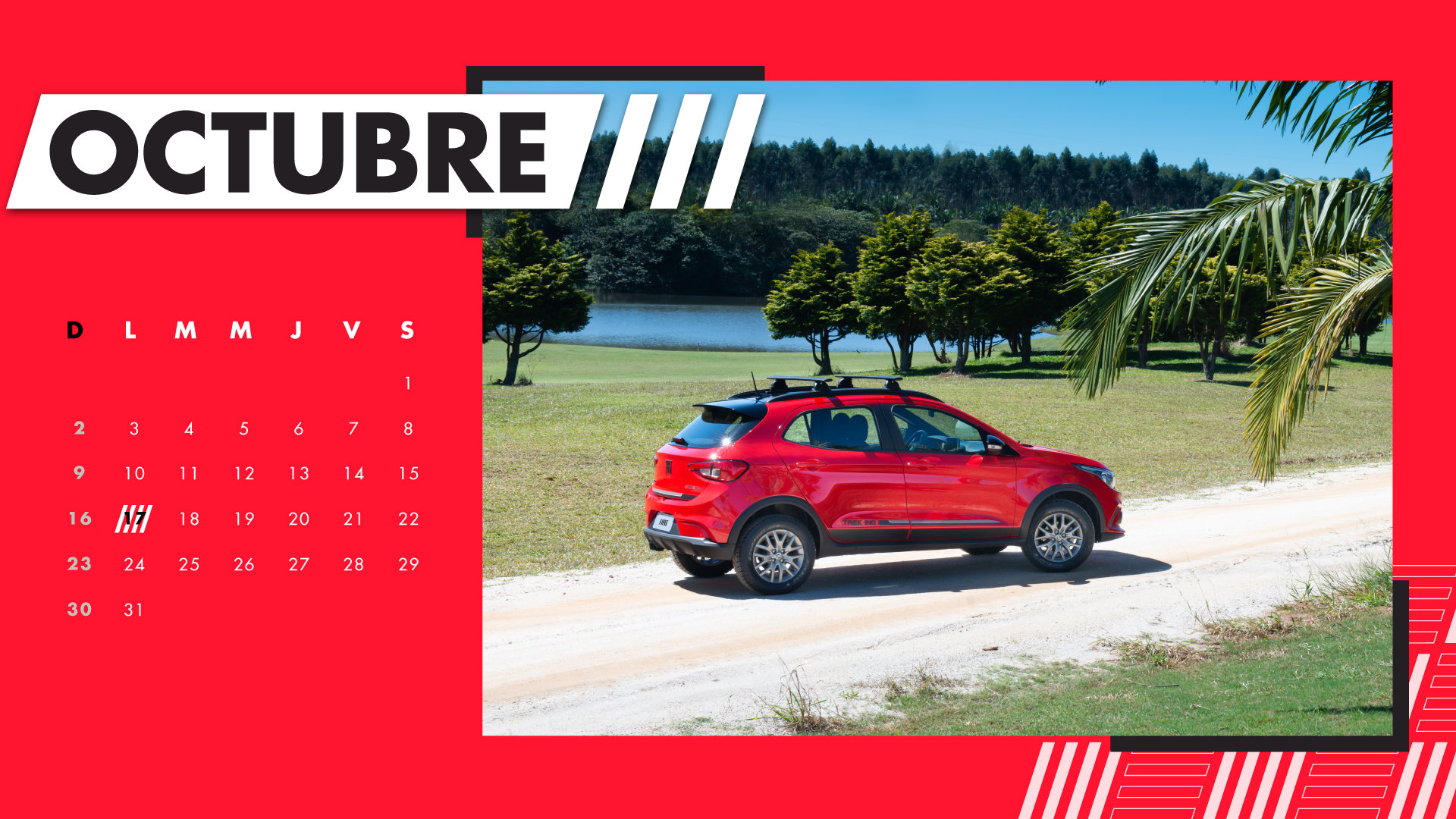Carro Fiat color rojo en un camino de grava, calendario octubre 2022
