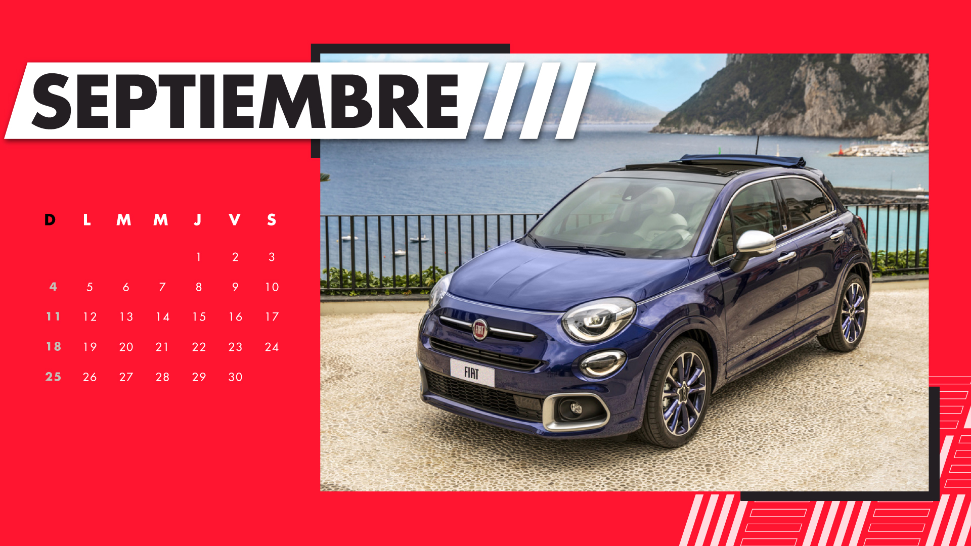 Carro Fiat color azul descapotable, calendario Septiembre 2022